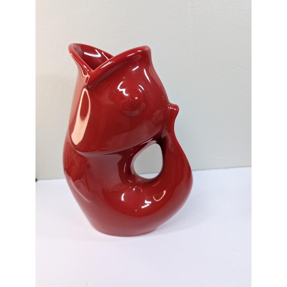 GurglePot Red Ceramic Fish Pitcher 2006 Vase 9.5" Tall